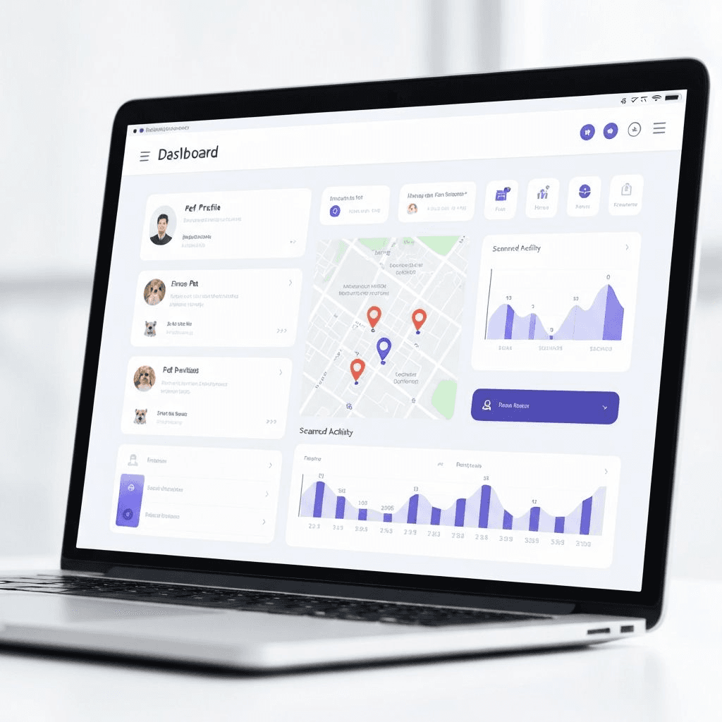 Panel de control de IDENTICAN mostrando perfiles de mascotas y mapa de escaneos