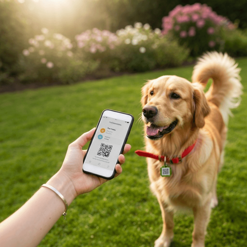 Escaneando el codigo QR de la placa de un perro con un celular